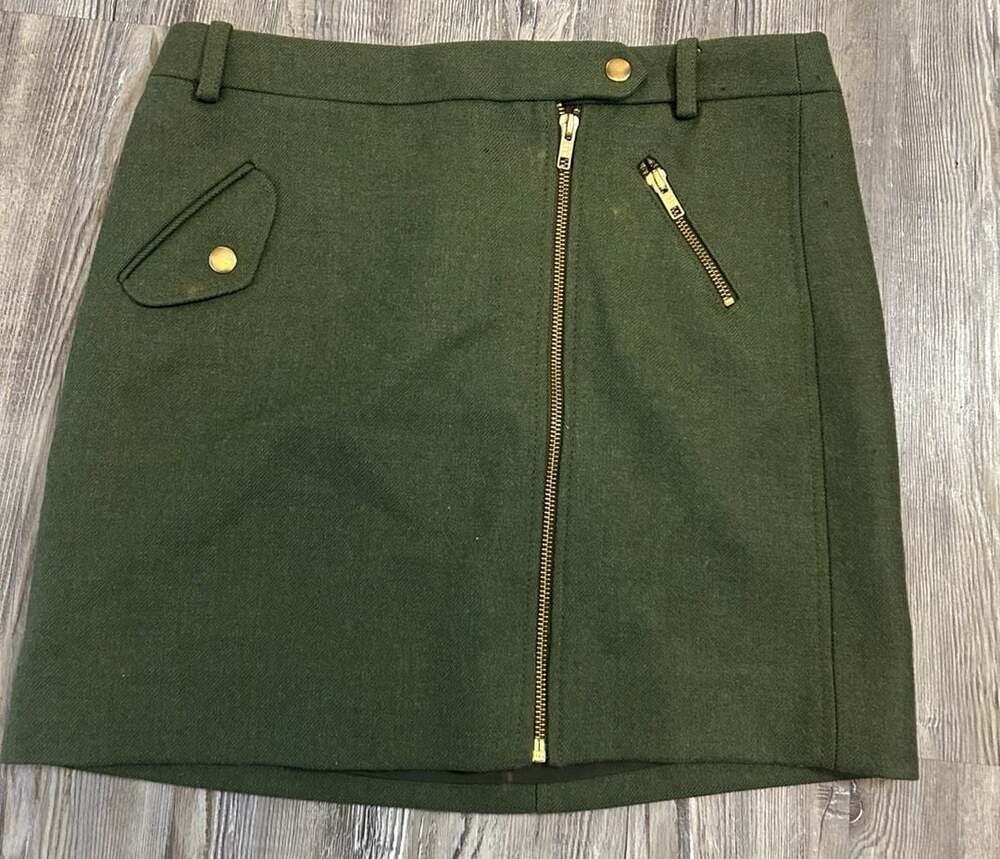 J.Crew Olive Green Wool Blend Moto Mini Skirt Gold Zip Size 2